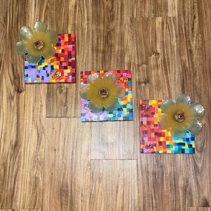 Hand crafted artisan wall decor art  paintings colorful flower glass 3D 3 pieces